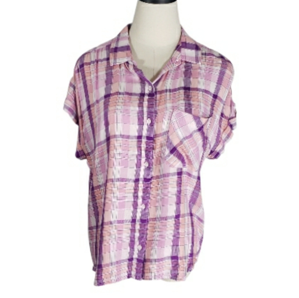 Cloth & Stone Pink Plaid Cap Sleeve Camp Shirt Button Frnt Hi-Lo Summer Vacation